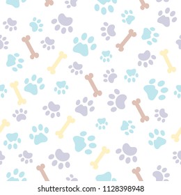 Vector seamless pattern with bones, cat and dog tracks. Print with traces of pets. Colorful background. Veterinary backdrop. Can be used for wrapping paper for shop zoo, web or design of banners.