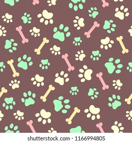 Vector seamless pattern with bones, cat and dog tracks. Print with traces of animals. Veterinary backdrop. Can be used for wrapping paper for shop zoo, web or design of banners. EPS10.