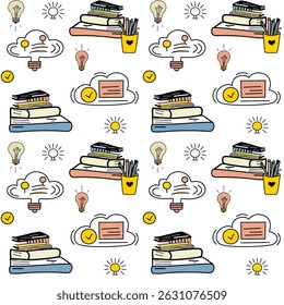 Vector seamless pattern with books, cloud icons, light bulbs, and checkmarks. Perfect for educational apps, school branding, and digital planner designs.