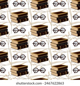 Vector seamless pattern with books and eyeglasses