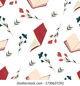 Vector seamless pattern with books and flowers.