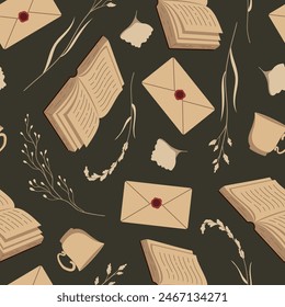 Vector seamless pattern with books, plants and envelopes. Dark academia pattern