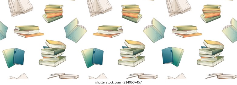 Vector seamless pattern with books and stack of books isolated on white. Illustration perfect for design of website, fabric, wrapping paper, decoration of bookstore, library, bookshop. Cartoon style.