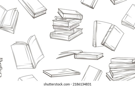 Vector seamless pattern with books and stack of books isolated on white. Illustration in sketch style perfect for design of fabric, wrapping paper, decoration of bookstore, library, bookshop. 