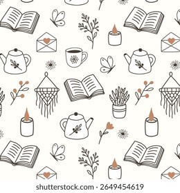 Vector seamless pattern with books, tea pots, candles, plants, butterflies in minimalistic hand-drawn style, thin black lines with soft beige accents, cozy hygge aesthetic for fabric, wallpaper, packa