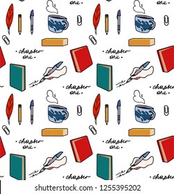 Vector seamless pattern with books, writing accessories, cups of tea and paper clips. Pattern with writing and reading thematics.