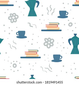 Vector seamless pattern with a bookshelf and coffee-pot and a cup. Bright seamless background.