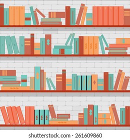 vector seamless pattern bookshelves, books on the brick wall background 