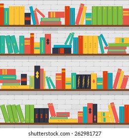 vector seamless pattern bookshelves, books on the brick wall background 