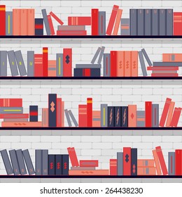 vector seamless pattern bookshelves, books on the brick wall background  