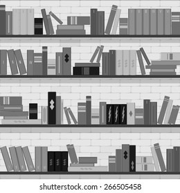 vector seamless pattern bookshelves, books on the brick wall background 