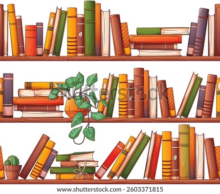 Vector seamless pattern of bookshelves isolated on white. Colorful  illustration of standing books, stack of books with rope. Book lover, bookstore, library concept.