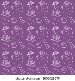 Vector seamless pattern. Booth, bone and paw symbols in doodle style, isolated on violet background