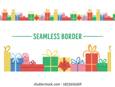 Vector seamless pattern border brush with presents. Funny horizontal birthday or Christmas gift boxes background. Bright holiday digital paper for kids. Cheerful celebration texture.
