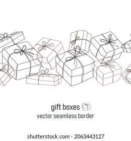 vector seamless pattern border with drawn gift boxes in contour modern style isolated on white background. Design gift boxes with copy space.