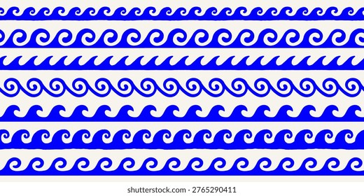 Vector seamless pattern border and frame element, divider design template with ocean waves, surf posters, banners for summer sea side vacation