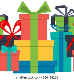 Vector seamless pattern. Border gift boxes. Flat design. 