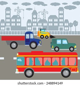 Vector seamless pattern or border, or illustration, or set object  with colorful retro car,van,bus,loader on a city silhouette background. Compatible with my same pattern.