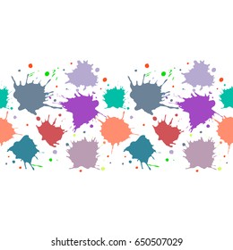 Vector seamless pattern, border with inc splash, blots, smudge and brush strokes. Grunge endless template for web background, prints, wallpaper, surface, wrapping, repeat elements for design