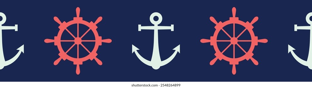 Vector seamless pattern border with marine elements in flat style. Red and blue nautical objects. Helm and anchor repeating illustration