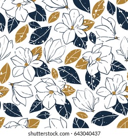 Vector seamless pattern with botanical elements in vintage style.Magnolia flowers,buds and leaves in deep blue and mustard colors.