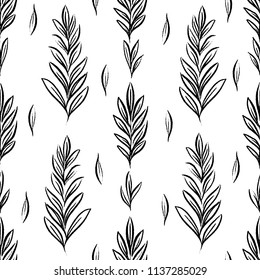 Vector seamless pattern with botanical motif, artistic botanical illustration, isolated floral elements in repeatable order, hand drawn illustration.