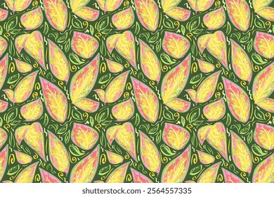 vector seamless pattern. botanical, plant pattern with leaves. variegated, bright yellow-pink leaves on a green background. twisted, dynamic ornament for printing on fabric, packaging, menu.