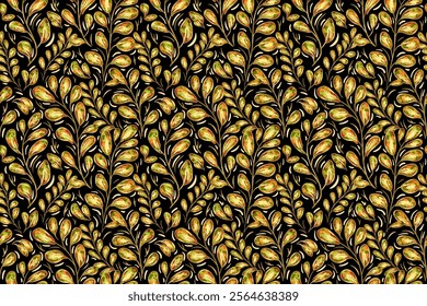 vector seamless pattern. botanical, plant pattern with leaves. Rounded leaves with a golden hue on a black background. picturesque, ornate, dynamic ornament for printing on fabric, packaging, menu.