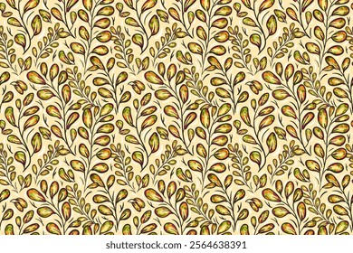 vector seamless pattern. botanical, plant pattern with leaves. Rounded leaves with a dark outline on a beige background. picturesque, ornate, dynamic ornament for printing on fabric, packaging, menu.