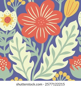 Vector seamless pattern, Botanical style, Blooming spring flowers in elegant. wildflowers botany design for fabric, clothing, wallpaper, posters, T-shirts.