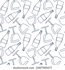 Vector seamless pattern with bottel and wineglass on white background in line art style