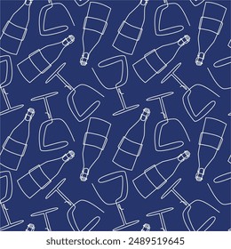 Vector seamless pattern with bottel and wineglass on blue background in line art style	