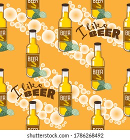 Vector Seamless Pattern with Bottle of Beer and Hop Cone on Orange Background for Beer Lover