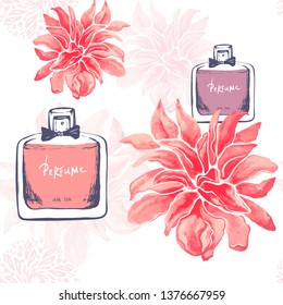 Vector seamless pattern. bottle of perfume with flowers. Hand drawn cute funny fashion illustration. doodle sketch. Isolated elements. white background. for textile, print, wrapping paper.