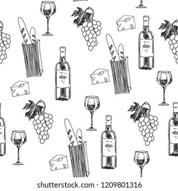 Vector seamless pattern with bottle, wineglasses, grape bunch, cheese and baguette isolated on white. Texture with wine and snack in sketch style. Illustration of traditional french food and drink.