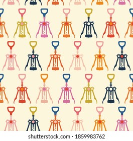 Vector seamless pattern with bottles and  bottle opener. Retro style Wine list design. Wine shop logo. Restaurant, cafe or bar seamless vintage  illustration. 