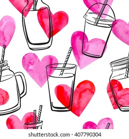 Vector seamless pattern with bottles, jars and glasses with smoothies and juices with bright watercolor pink and red hearts on white background. Black sketchy outline on pink paper textured symbols.