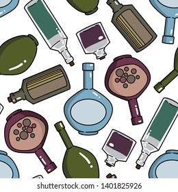 Vector seamless pattern with bottles and kettles