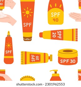 Vector seamless pattern with bottles and tubes with sunscreen. Skin protection from sun. Background of lotions with SPF. Pattern with sunblock cosmetic. Summer print.