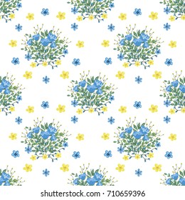 Vector seamless pattern of bouquet of blue and yellow  flowers and small yellow and blue flowers around each bouquet