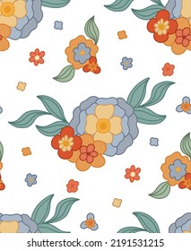 Vektornahtloses Muster mit Blumenstrauß und Stiele auf weißem Hintergrund mit Farbtupfer. Retro Hippie Blumenstruktur. Naturhintergrund für Gewebe und Tapeten
