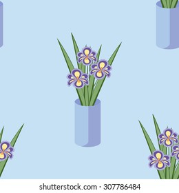 Vector seamless pattern with bouquets of iris flowers in blue vase on the green background. Vintage texture. Light botanical backdrop.