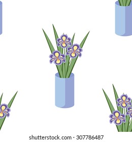 Vector seamless pattern with bouquets of iris flowers in blue vase on the white background. Vintage texture. Light backdrop.