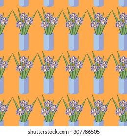 Vector seamless pattern with bouquets of iris flowers in blue vase on the orange background. Vintage texture. Botanical backdrop.