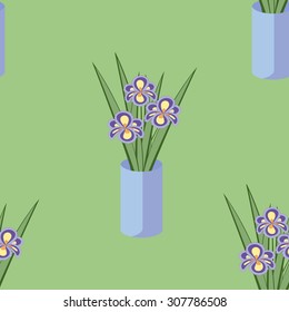 Vector seamless pattern with bouquets of iris flowers in blue vase on the green background. Vintage texture. Botanical backdrop.