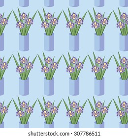 Vector seamless pattern with bouquets of iris flowers in blue vase on the green background. Vintage texture. Light botanical backdrop.