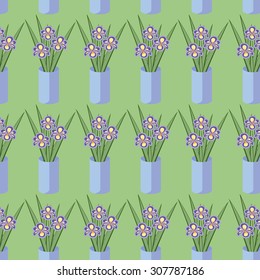 Vector seamless pattern with bouquets of iris flowers in blue vase on the green background. Vintage texture. Botanical backdrop.