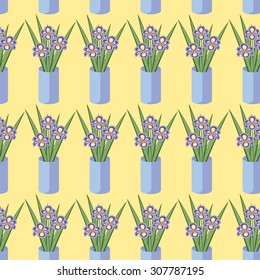 Vector seamless pattern with bouquets of iris flowers in blue vase on the soft yellow background. Vintage texture. Light botanical backdrop.