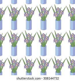 Vector seamless pattern with bouquets of iris flowers in blue vase on the white background. Vintage texture. Light botanical backdrop.