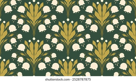 Padrão de vetor sem emenda com buquês de lírios do vale em fileira. Textura com arranjo floral decorativo em um fundo verde escuro. Design de superfície com flores de primavera para papel de parede e tecido